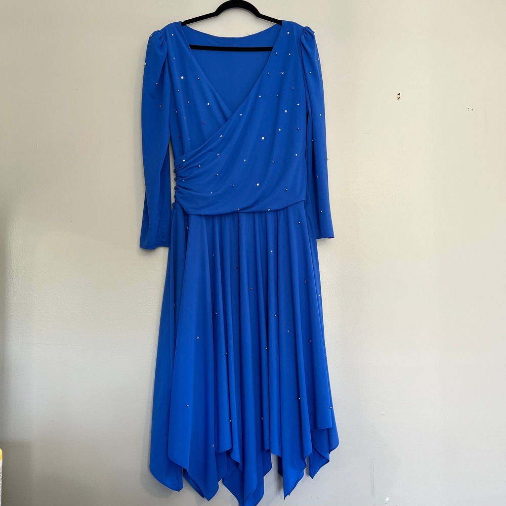 Vintage Pat Richards Michael Maiello Blue Rhinestone Handkerchief Dress Size 12